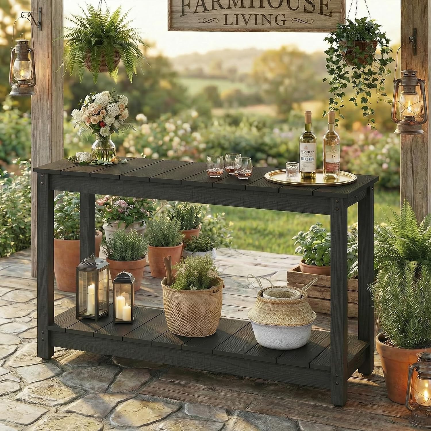 Stoog Outdoor Console Table, All-Weather 2-Tier Patio Console Table with Adjustable Feet, Low Maintenance, for Backyard, Garden, Entryway, and Deck, Black