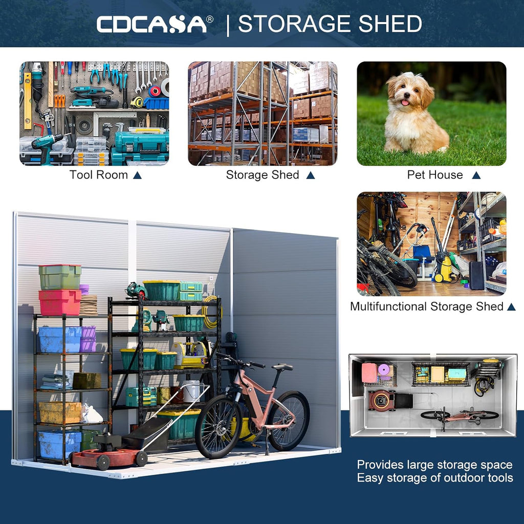 CDCASA 4x8 FT Resin Lean to Shed, Waterproof Outdoor Storage Shed with Floor, Plastic Tool Shed for Outside, Backyard, Patio, Poolside, Bike, Grey