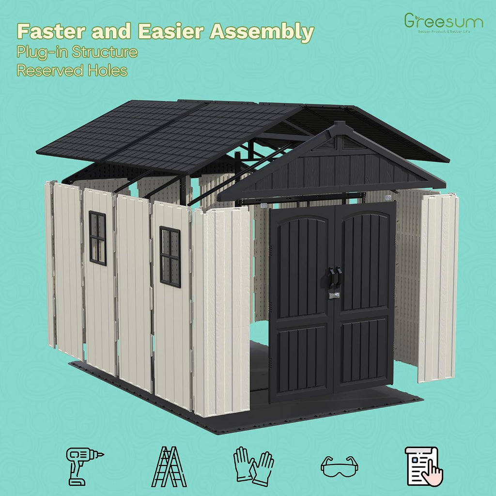Greesum 8×10 FT Plastic Outdoor Storage Shed with Floor, Resin Sheds with Window and Lockable Door, Weather Resistant Organization for Garden, Lawn, Pool Supplies, Beige