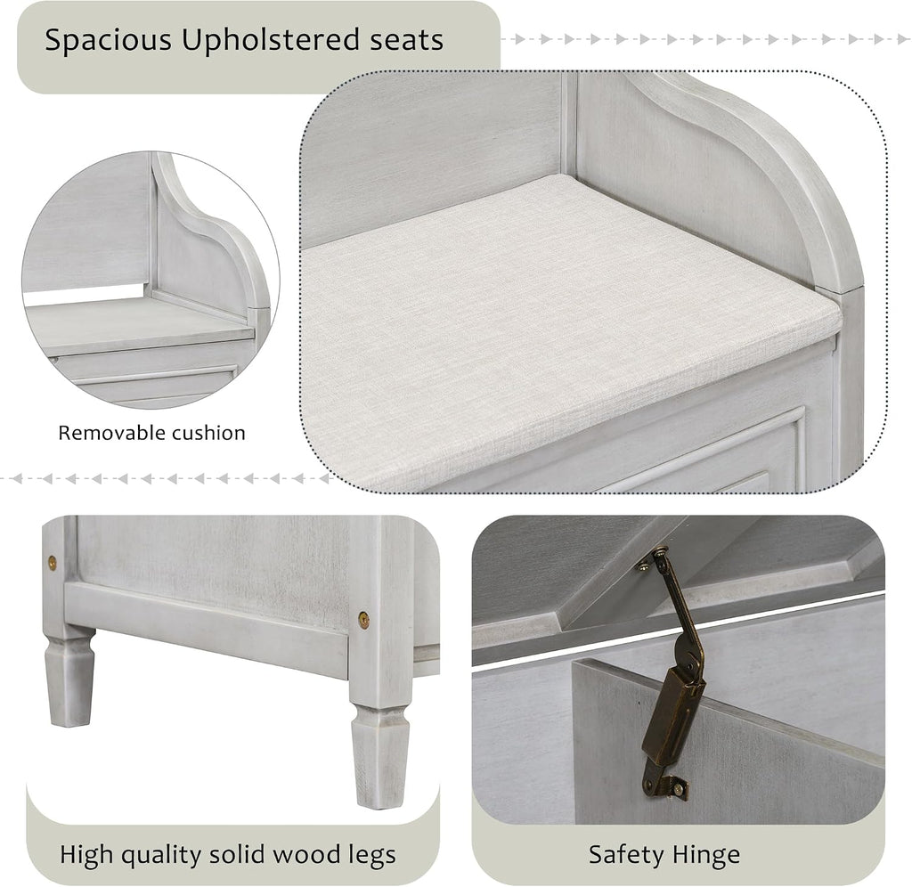 Bellemave Storage Bench with Safety Hinge Wooden Entryway Benches with Shoe Cabinets Under Seat Multifunctional Storage Bench for Entryway, Foyer or a Mudroom (Grey Wash + Beige)