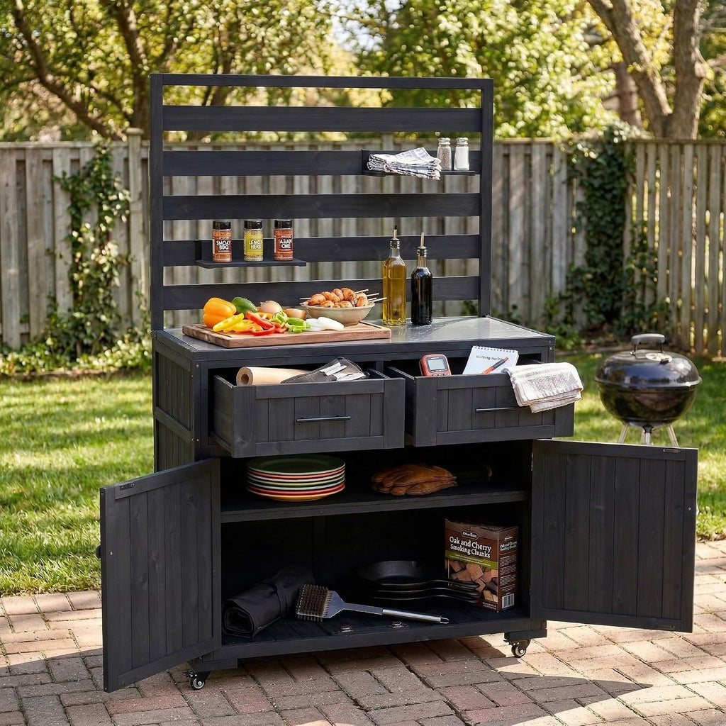 64.9'' H Large Patio Kitchen Island Solid Wood Kitchen Cart, Grill Prep BBQ Table, Garden Potting Bench with Stainless Table Top, 3 Movable Shelves and 2 Drawers (Black-64.9'')