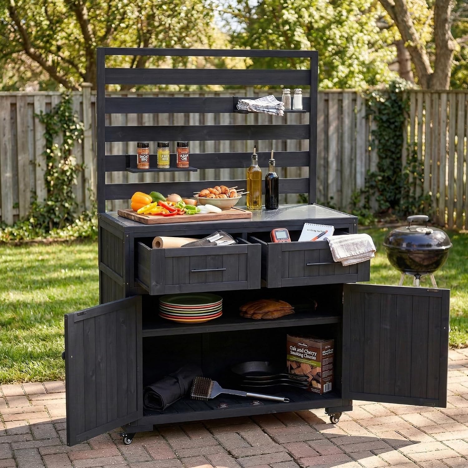 64.9'' H Large Patio Kitchen Island Solid Wood Kitchen Cart, Grill Prep BBQ Table, Garden Potting Bench with Stainless Table Top, 3 Movable Shelves and 2 Drawers (Black-64.9'')