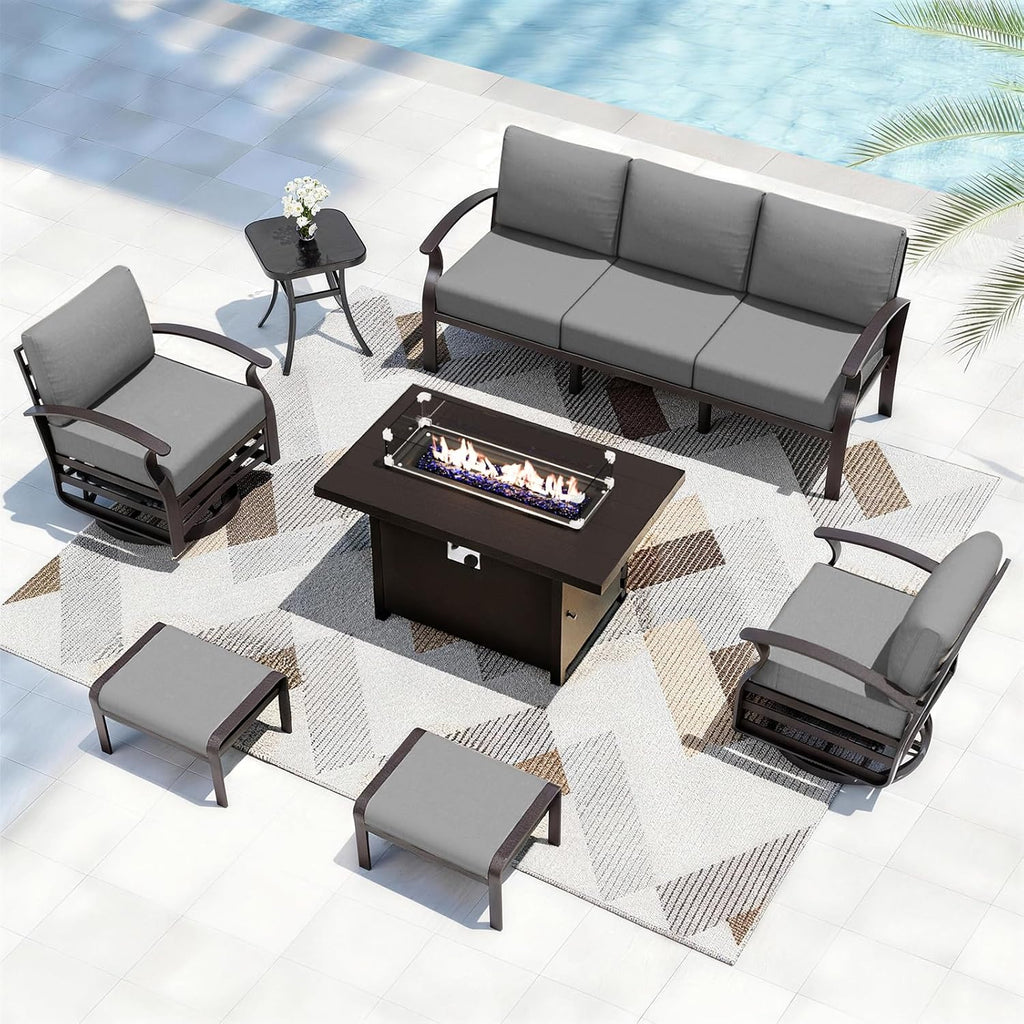 ALAULM Aluminum Patio Furniture Set with Propane Fire Pit Table 7-seat Metal Outdoor Furniture w/Swivel Chairs Patio Sectional Sofas w/2 Ottomans for Porch, Backyard, Poolside-Grey