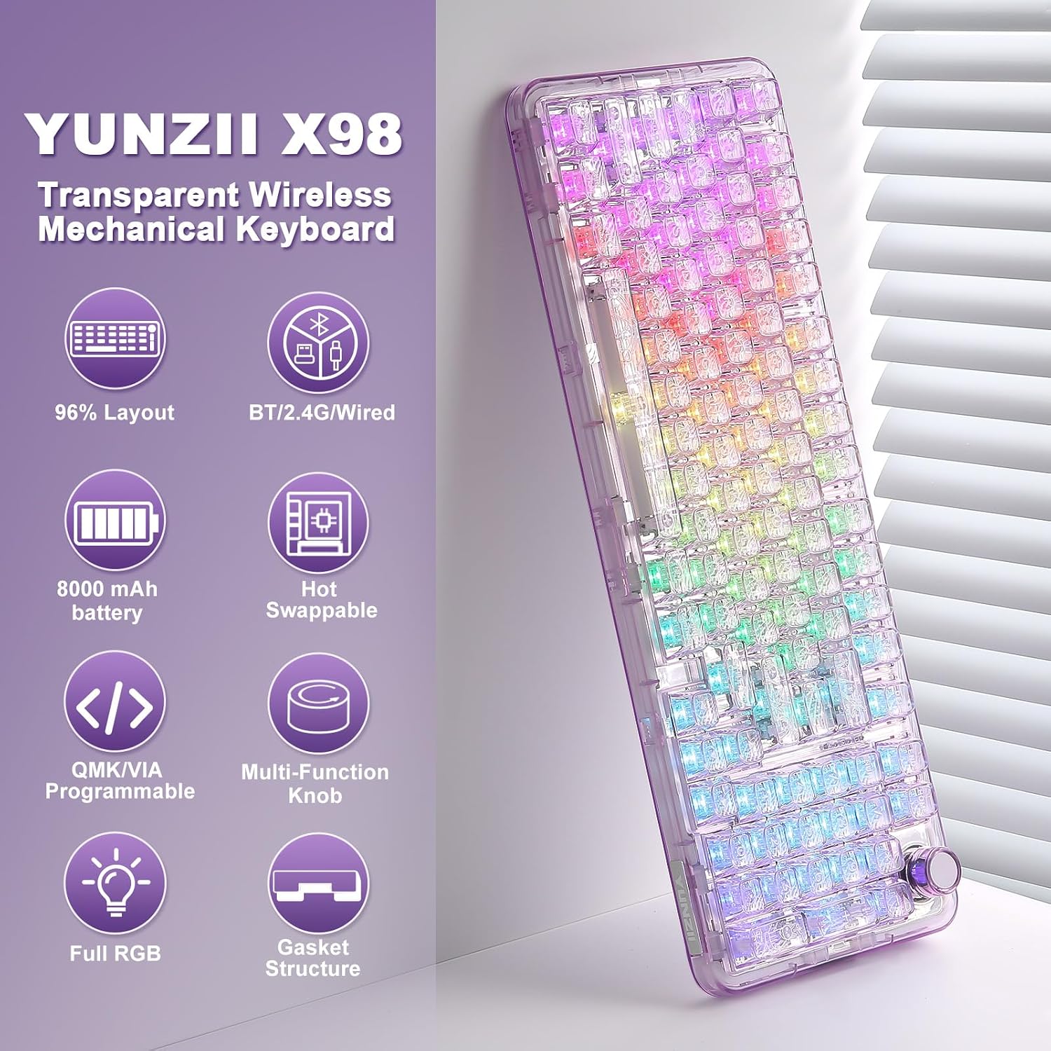 YUNZII X98 QMK/VIA Wireless Mechanical Gaming Keyboard with Knob,Tri-Mode BT5.0/USB-C/2.4GHz Hot Swappable Keyboard,Pre-lubed Switches Gasket Mount RGB Backlit for Wins/Mac (Purple, Snow Switch)