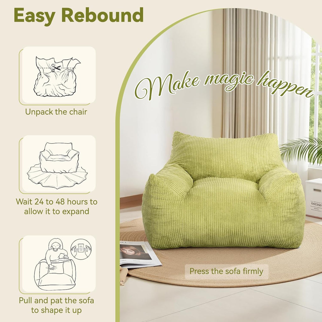 INMOZATA Bean Bag Chair, Beanbag Chair with Ottoman, Cloud Boneless Couch for Adults & Teens, Oversized Memory Foam Beanbag Set, Plush Corduroy Lounge Sofa Gift (Green)