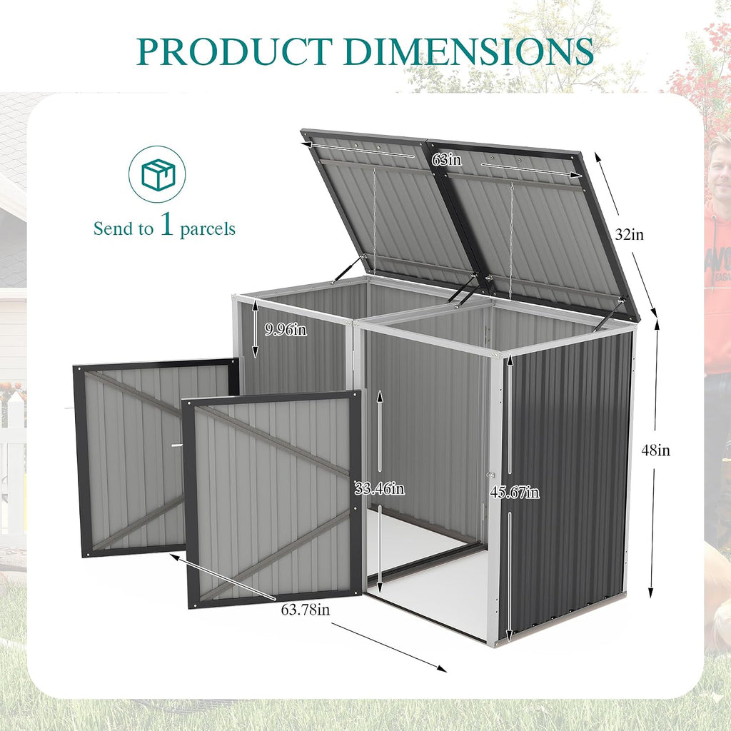 Montary 54 CU.FT Metal Outdoor Garbage Bin Storage Shed with Chain Lid, Waterproof Trash Can Organizer for 2 Bins, Garden Tools for Garden Yard Lawn, Dark Grey