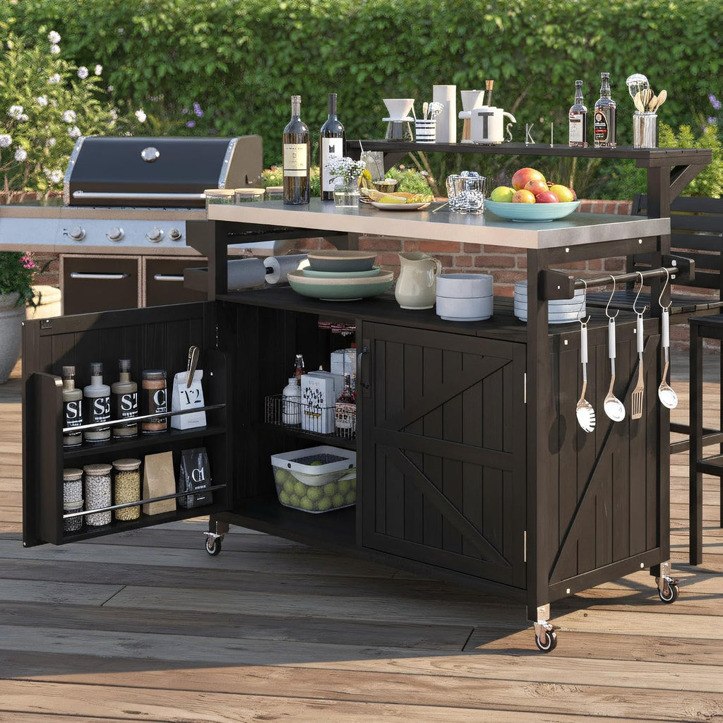 Merax 53.3' Outdoor Kitchen Island with Raised Shelf, Solid Wood Storage Cabinet with Stainless Steel Top, Rolling Grill Cart, Adjustable Shelf, Brown