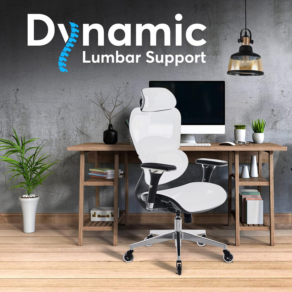 Oline ErgoPro Ergonomic Office Chair with 4D Adjustable Armrest, 3D Lumbar Support and Blade Wheels - Mesh Computer Gaming Rolling Desk Executive Swivel Home Chair (White)