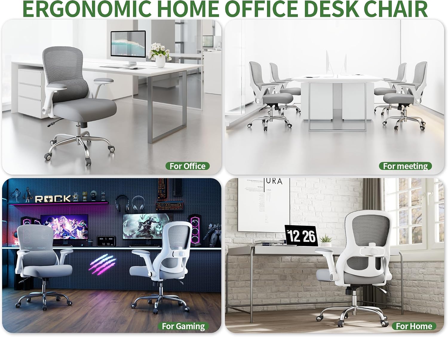 Ergonomic Office Chair: 400LBS Office Computer Desk Chair with High Back Mesh and Adjustable Lumbar Support Rolling Work Swivel Task Chairs with Wheel 3D Armrests, Ergo Gaming Chair (Grey)