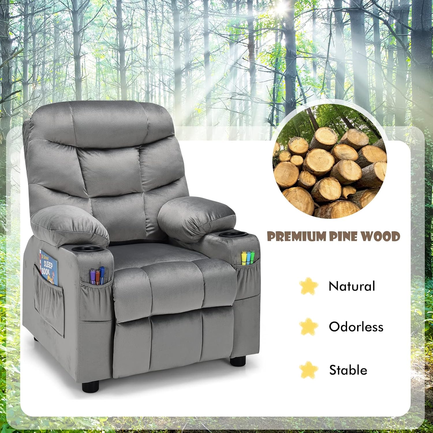 MAT EXPERT Kids Recliner, Velvet Adjustable Reading Chair w/ 2 Cup Holder, 3 Side Pocket Storage & Footrest, Kids Couch Gaming Chair, Toddler Lounge Chair for Boys Girls, Kids Room Playroom (Grey)