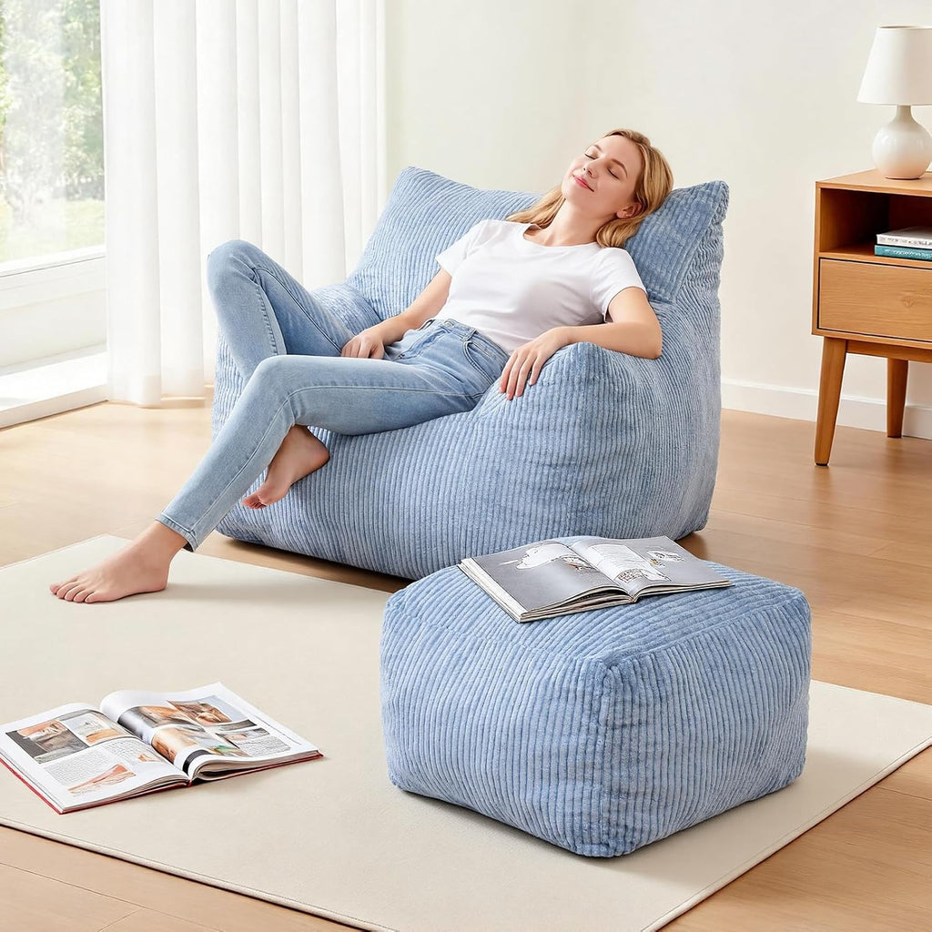 INMOZATA Bean Bag Chair with Ottoman, Cloud Boneless Couch - Oversized Memory Foam Beanbag Set for Adults & Teens, 3FT Plush Corduroy Comfy Lounge Sofa for Bedroom, Dorm & Reading Nook (Light Blue)