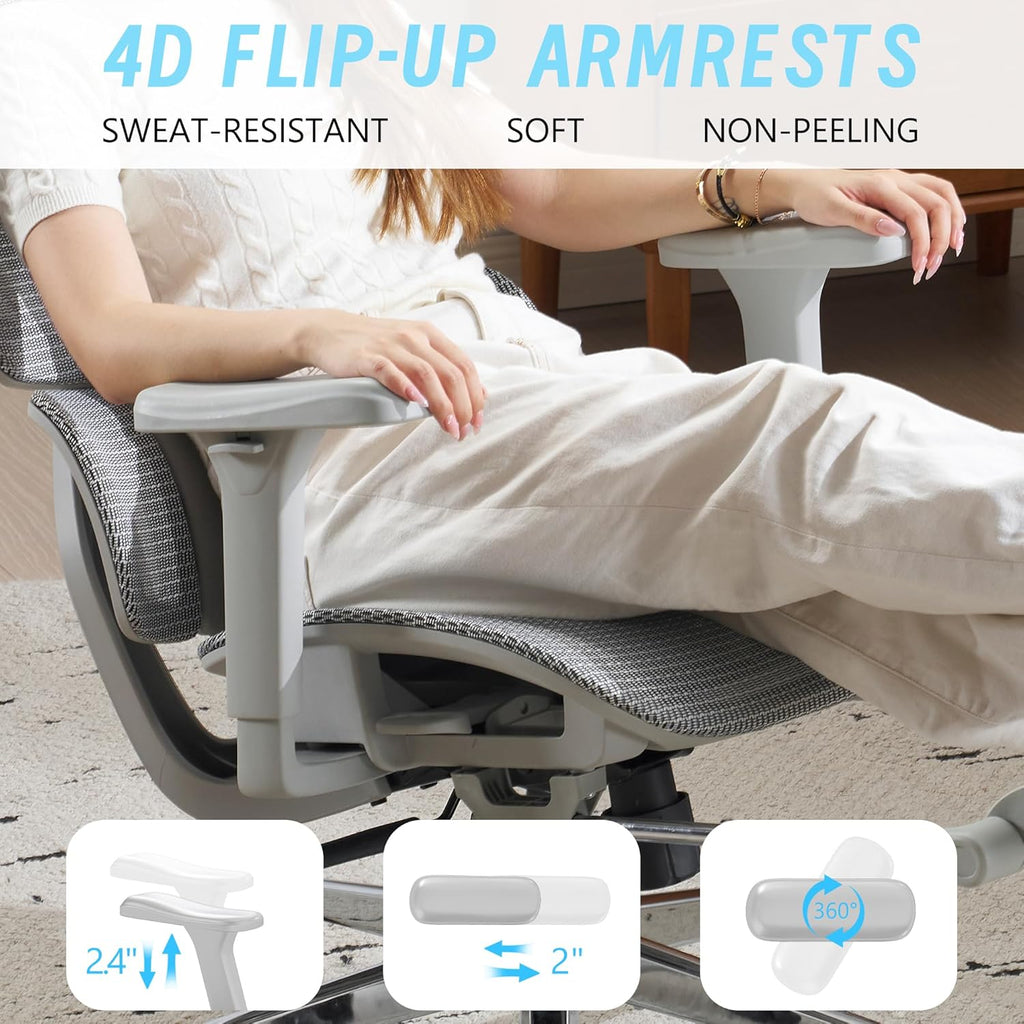 Ergonomic Office Chair with Footrest, High Back Mesh Computer Chair with Lumbar Support, 5-Level Backrest Height, 4D Flip-Up Arms for Home & Gaming Desk (Gray Mesh 3-Zone Lumbar Support+4D Armrest)