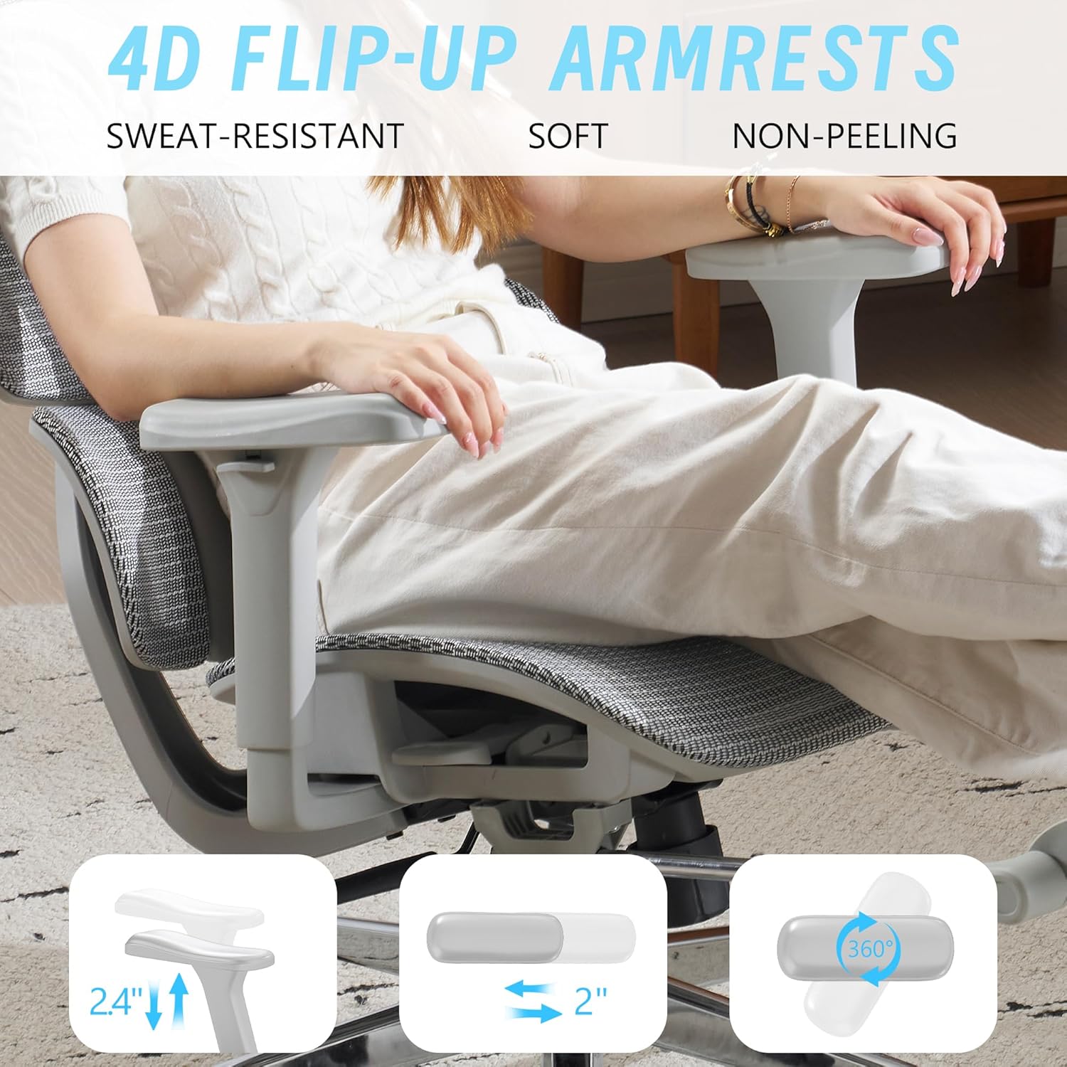 Ergonomic Office Chair with Footrest, High Back Mesh Computer Chair with Lumbar Support, 5-Level Backrest Height, 4D Flip-Up Arms for Home & Gaming Desk (Gray Mesh 3-Zone Lumbar Support+4D Armrest)
