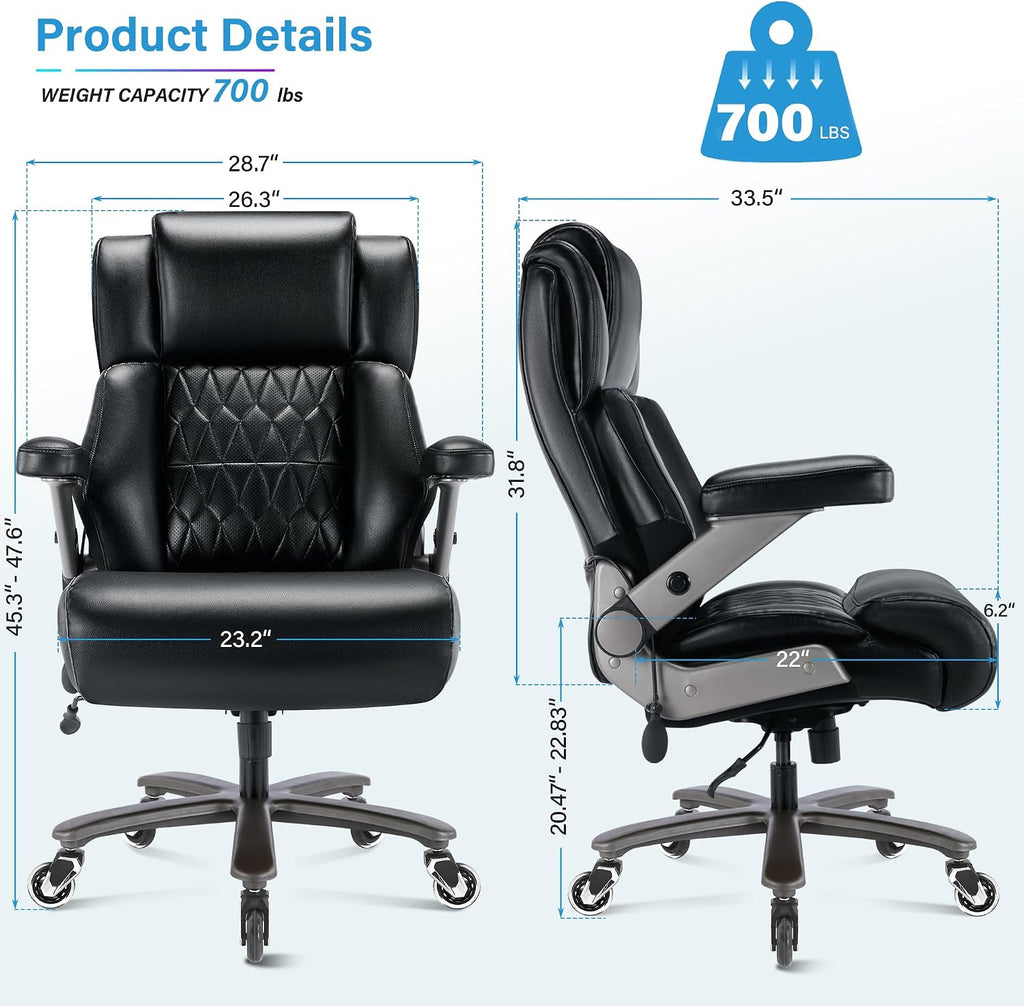 Big and Tall 700lbs Office Chair - Adjustable Lumbar Support 3D Flip Arms Heavy Duty Metal Base&Wheels, High Back Large Executive Computer Desk Chair, Thick Padded Ergonomic Design for Back Pain