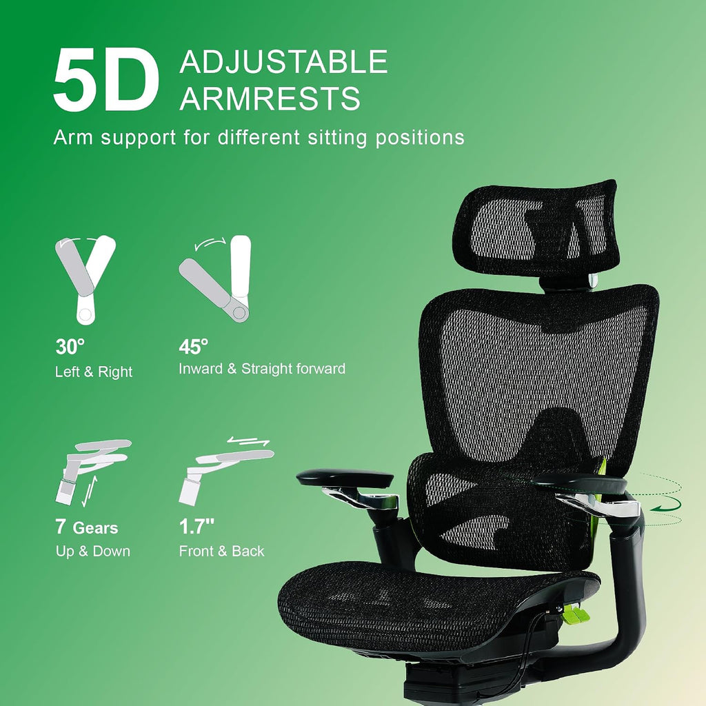 Ergonomic Office Chair, Mesh Home Office Desk Chair with Adaptive Lumbar Support, Gaming Chair with Headrest, 5D Armrest,90-130°Tilt, BIFMA Certified, Model Zen (Green)