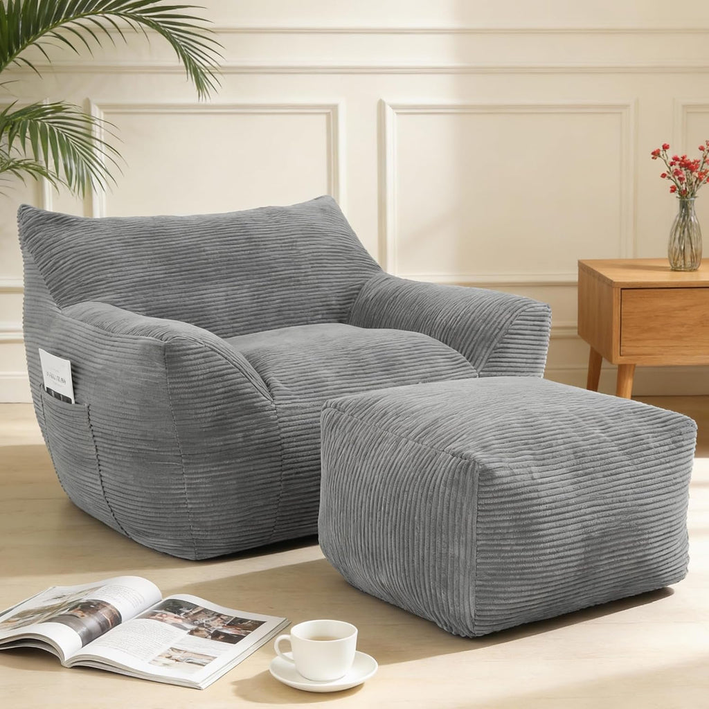 Giant Bean Bag Chair with Ottoman, Comfy Bean Bag Couch with 2 Side Pocket, Corduroy Boneless Couch Chair in a Box, Stuffed Lounge Floor Sofa for Dorm, Bedroom, Living Room, Gray