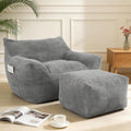 Giant Bean Bag Chair with Ottoman, Comfy Bean Bag Couch with 2 Side Pocket, Corduroy Boneless Couch Chair in a Box, Stuffed Lounge Floor Sofa for Dorm, Bedroom, Living Room, Gray