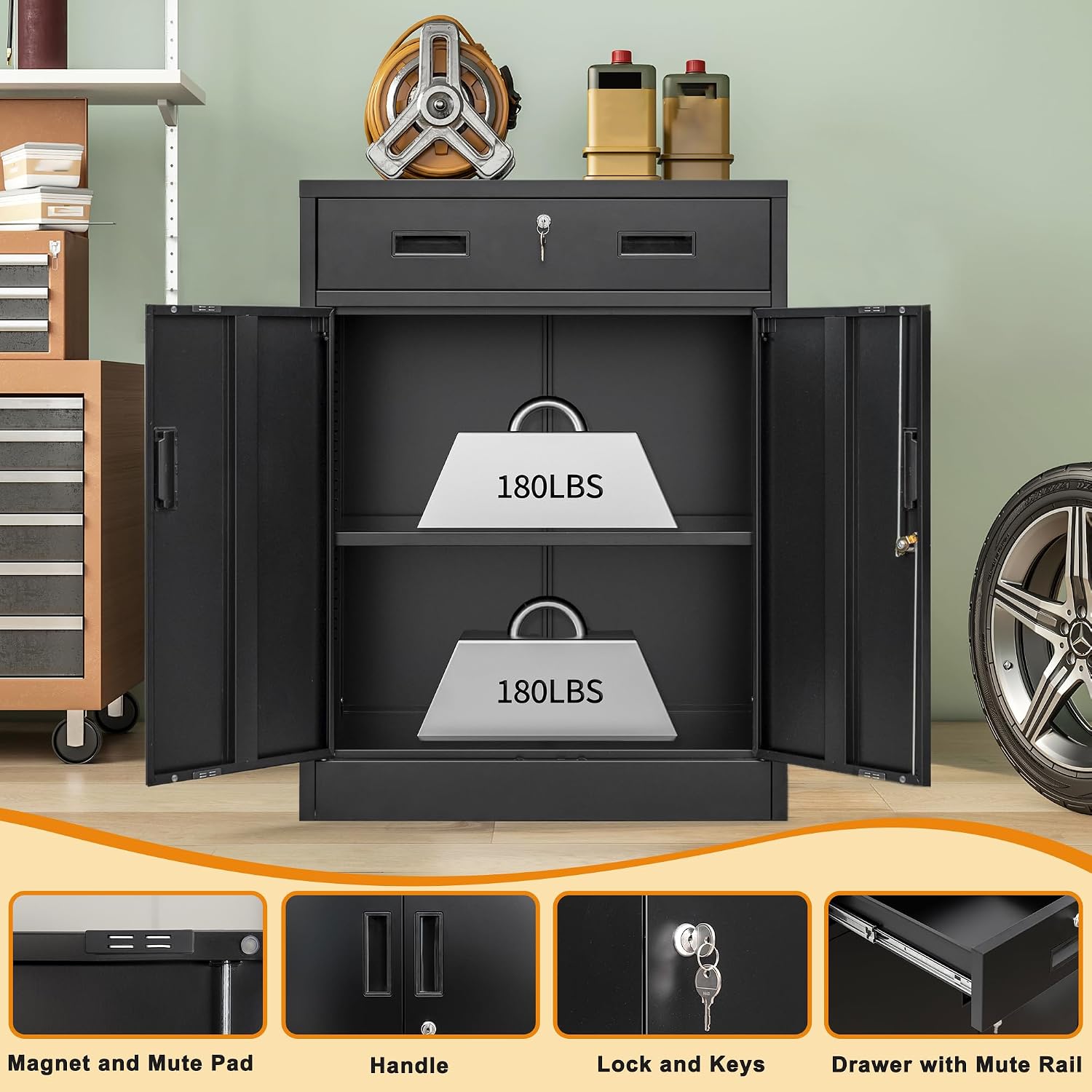 Wanfu Metal Storage Cabinet, Locking Cabinet with 1 Drawer and Adjustable Shelf, 36' H x 28' W x 16' D Metal Cabinets for Office, Garage, Home-Black