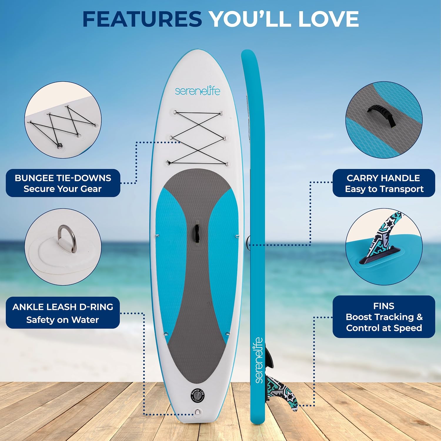 SereneLife Inflatable Stand Up Paddle Board - Wide Stable Design, Non-Slip Deck for Adults & Youth with Premium Paddle Board Accessories: Carry Bag, Dual Action Pump, Paddle, Ankle Leash - 10'