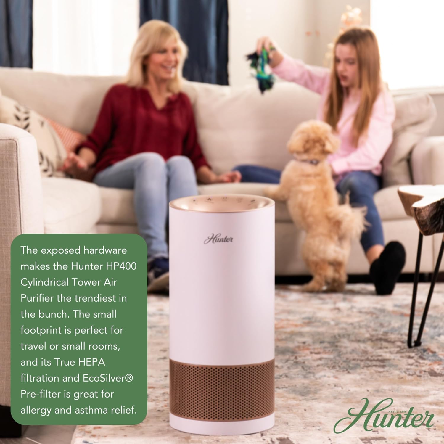 Hunter Fan Company HP400 Round Tower Air Purifier for Small Rooms, Featuring True HEPA Filtration and EcoSilver® Pre-Filter for Allergy and Asthma Relief, Gray and Silver