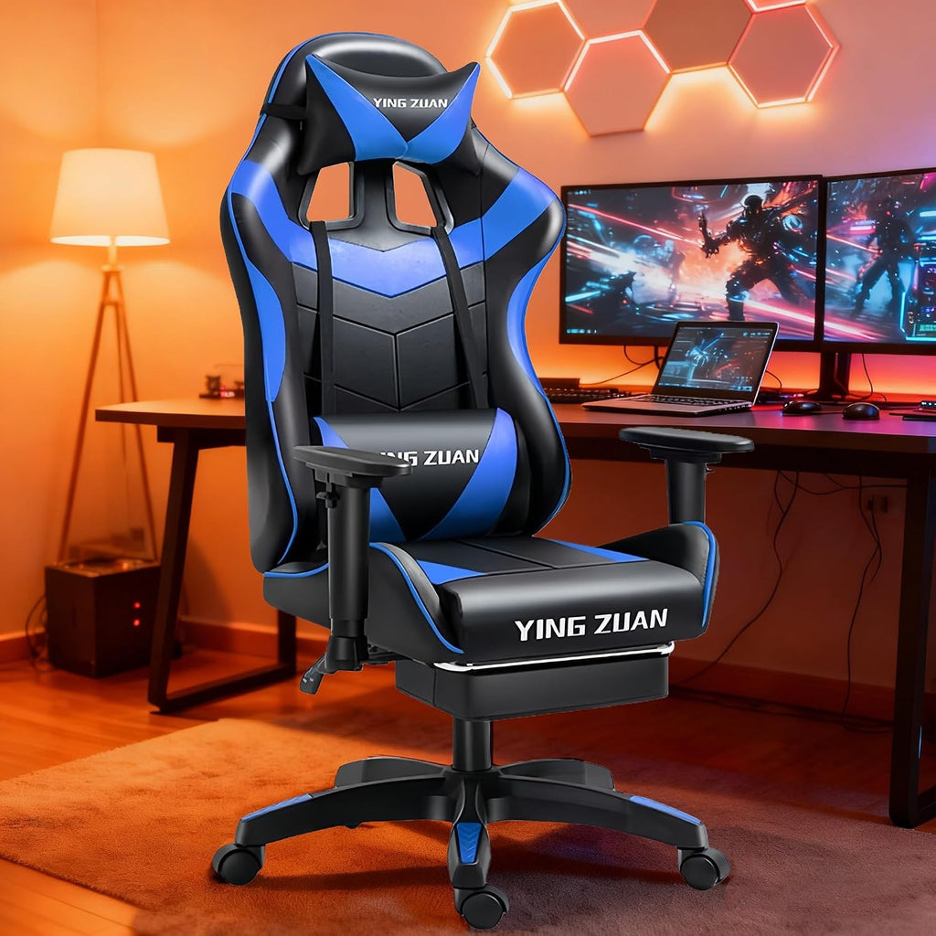 Video Gaming Chair with Speakers, PU Leather Office Chair with Massage Lumbar Pillow & Footrest, Latex Reclining Desk Chair with Adjustable Rotating Armrests for Adults(Black+Blue)