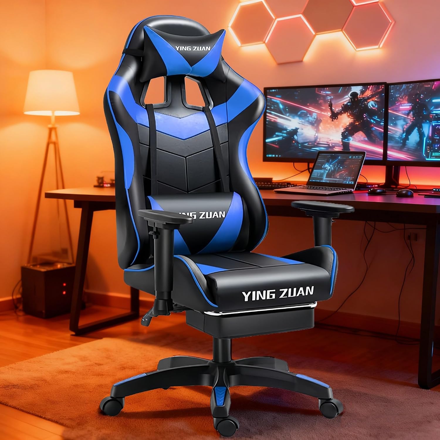 Video Gaming Chair with Speakers, PU Leather Office Chair with Massage Lumbar Pillow & Footrest, Latex Reclining Desk Chair with Adjustable Rotating Armrests for Adults(Black+Blue)