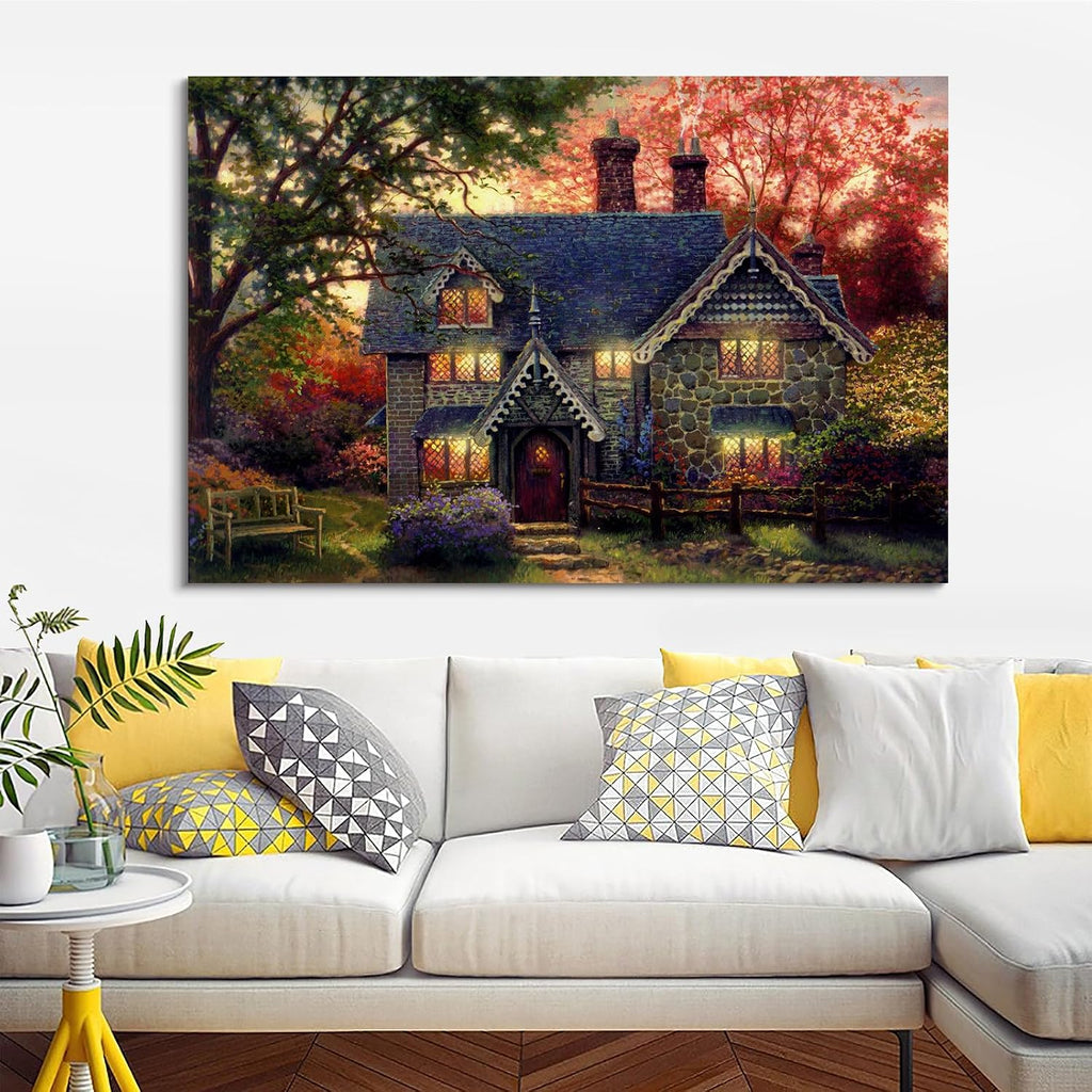 STUDIO HAVEN Thomas Kinkade Canvas Wall Art, Autumn Evening Flower Garden Cozy Glow and Wooden Bench Oil Painting Poster Rustic Landscape Wall Decor, Framed Prints for Home Decor, 48x32Inch