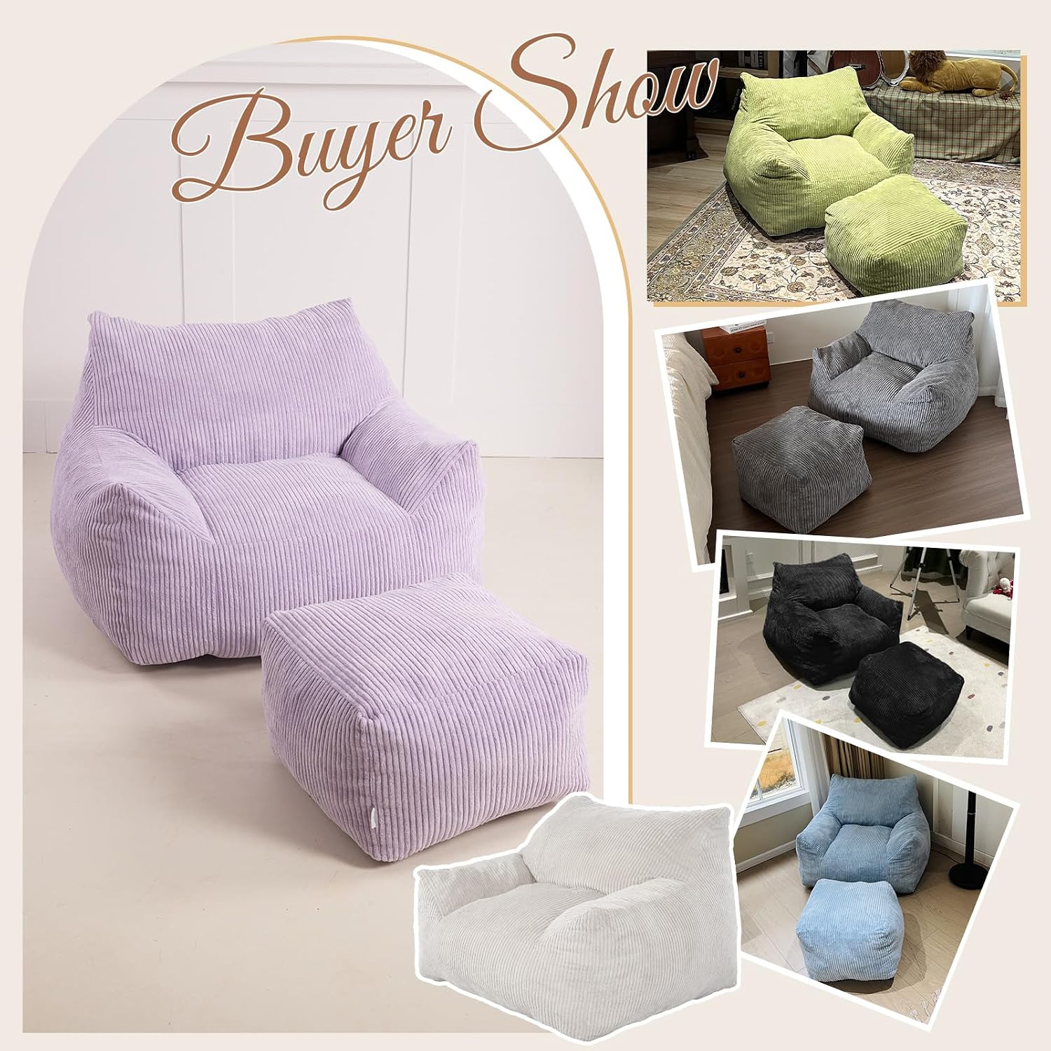 Bean Bag Chair with Ottoman, Oversized Cloud Boneless Couch, Memory Foam Beanbag Set for Adults & Teens, Plush Corduroy Comfy Chair for Bedroom, Dorm, Living Room, Gaming & Reading Nook (Purple)