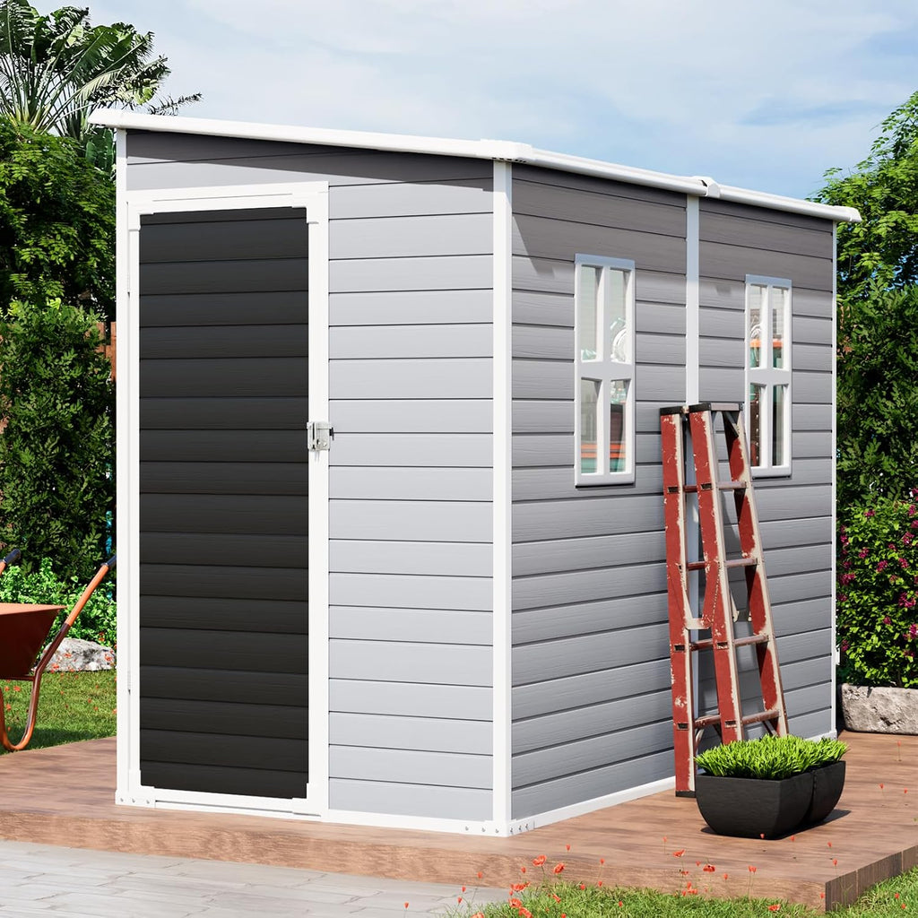 4x8 FT Outdoor Storage Shed with Floor, Upgraded Frame & 16mm Thickened Resin Walls, Space-Saving Lean-to Tool House with 2 Windows & Lockable Single Door for Side Yard