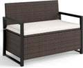 RELAX4LIFE Wicker Outdoor Bench with Storage - Rattan Deck Box w/Protective Liner for Pillows, Pool Supplies, Garden Tools, Patio Loveseat with Seat Cushion & Metal Armrests for Backyard Porch Balcony