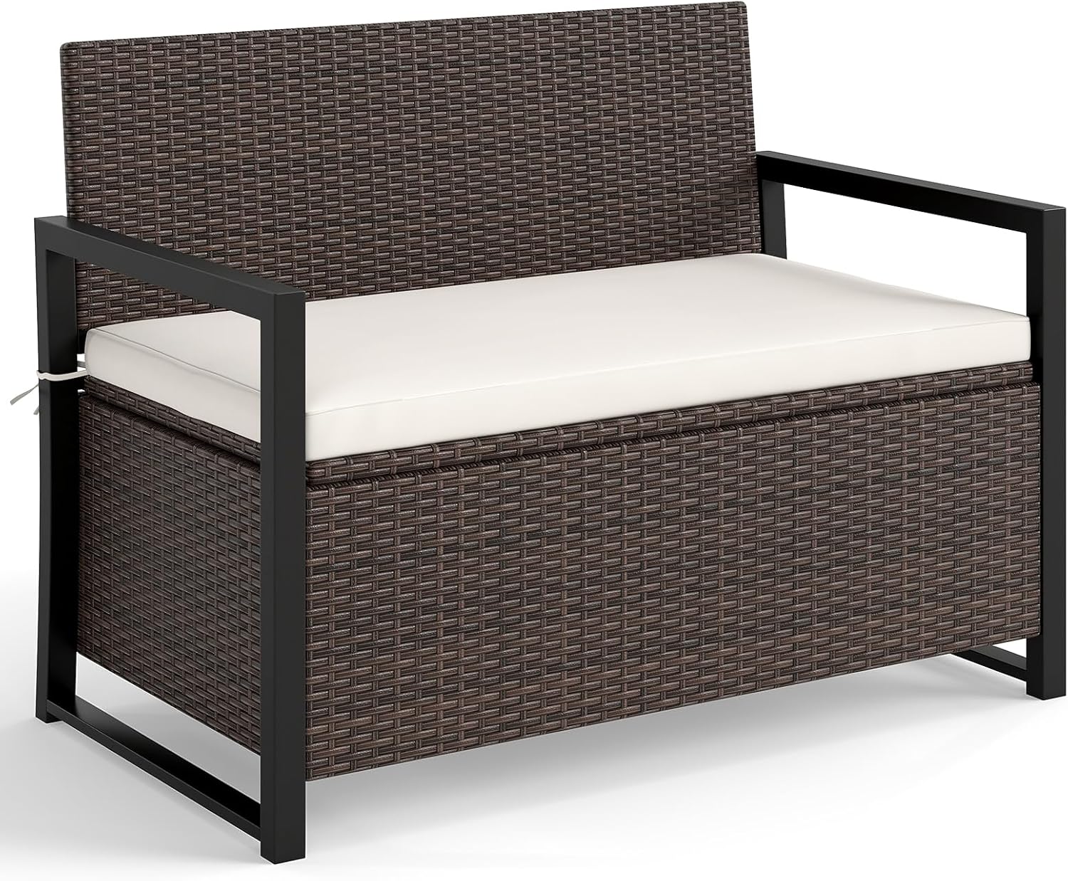 RELAX4LIFE Wicker Outdoor Bench with Storage - Rattan Deck Box w/Protective Liner for Pillows, Pool Supplies, Garden Tools, Patio Loveseat with Seat Cushion & Metal Armrests for Backyard Porch Balcony