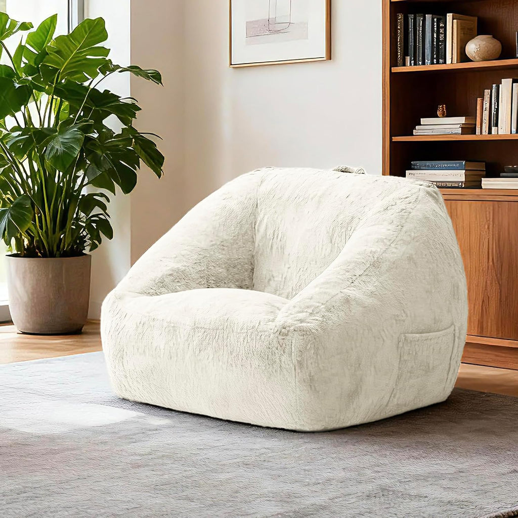 COSIEST Large Bean Bag Chair for Adults, Giant Bean Bag Couch with Armrests & Side Pocket, L-Shaped Faux Fur Beanbag Lounge Sofa Chair, Comfy Floor Sofa for Bedroom Living Room Reading, Cream White