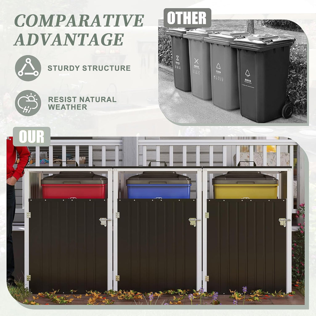 Montary 85 CU.FT Metal Outdoor Garbage Bin Storage Shed with Chain Lid, Waterproof Trash Can Organizer for 3 Bins, Garden Tools for Garden Yard Lawn, Dark Grey