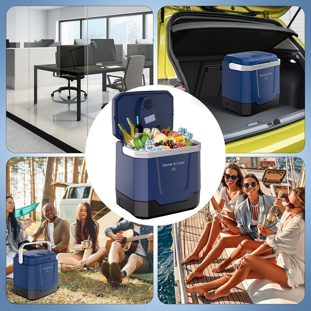 GarveeTech 35 QT (33 L) Electric Cooler & Warmer, Portable Car Refrigerator With Automatic Locking Handle, 12V Car Cooler for Vehicle & Trucks, 110V AC Home Power Cord, Plug In Coolers,Blue