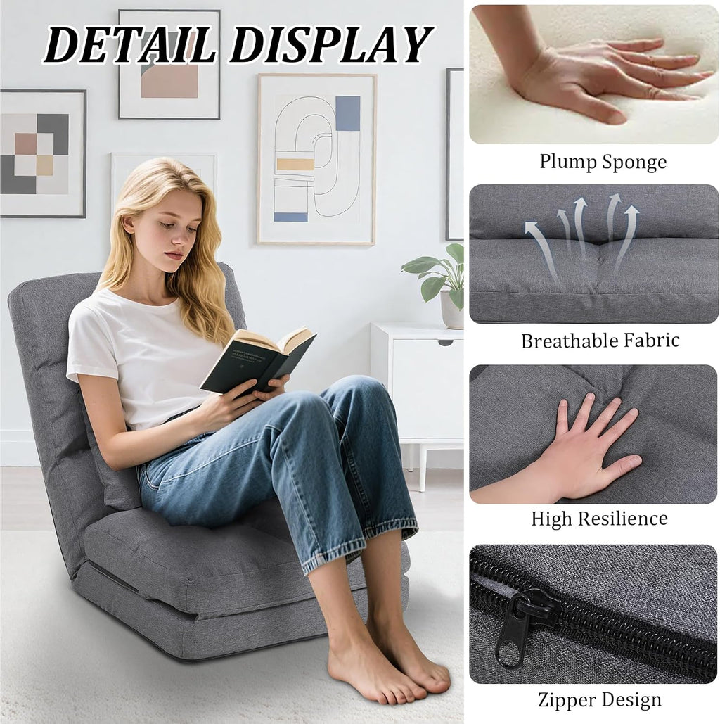 Chaise Lounge Indoor, 14-Position Floor Chair with Padded Pillow for Adults Kids, Folding Lazy Sofa Chair for Living Room, Bedroom, for Gaming Reading (Grey)