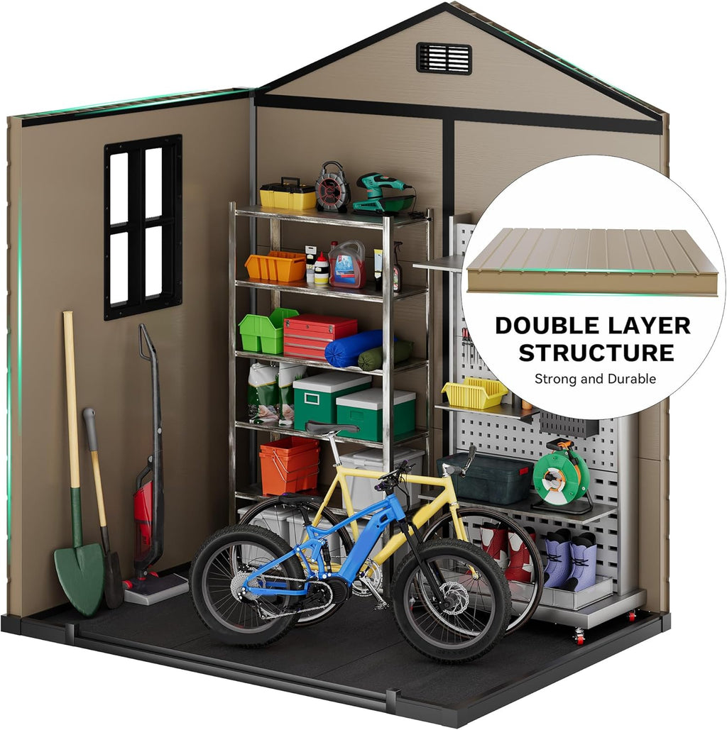 DWVO 6x4.4 FT Resin Storage Shed with Fence-Style and Side Windows, Lockable Door, and Vents for Garden, Backyard, Patio, Lawn, Brown