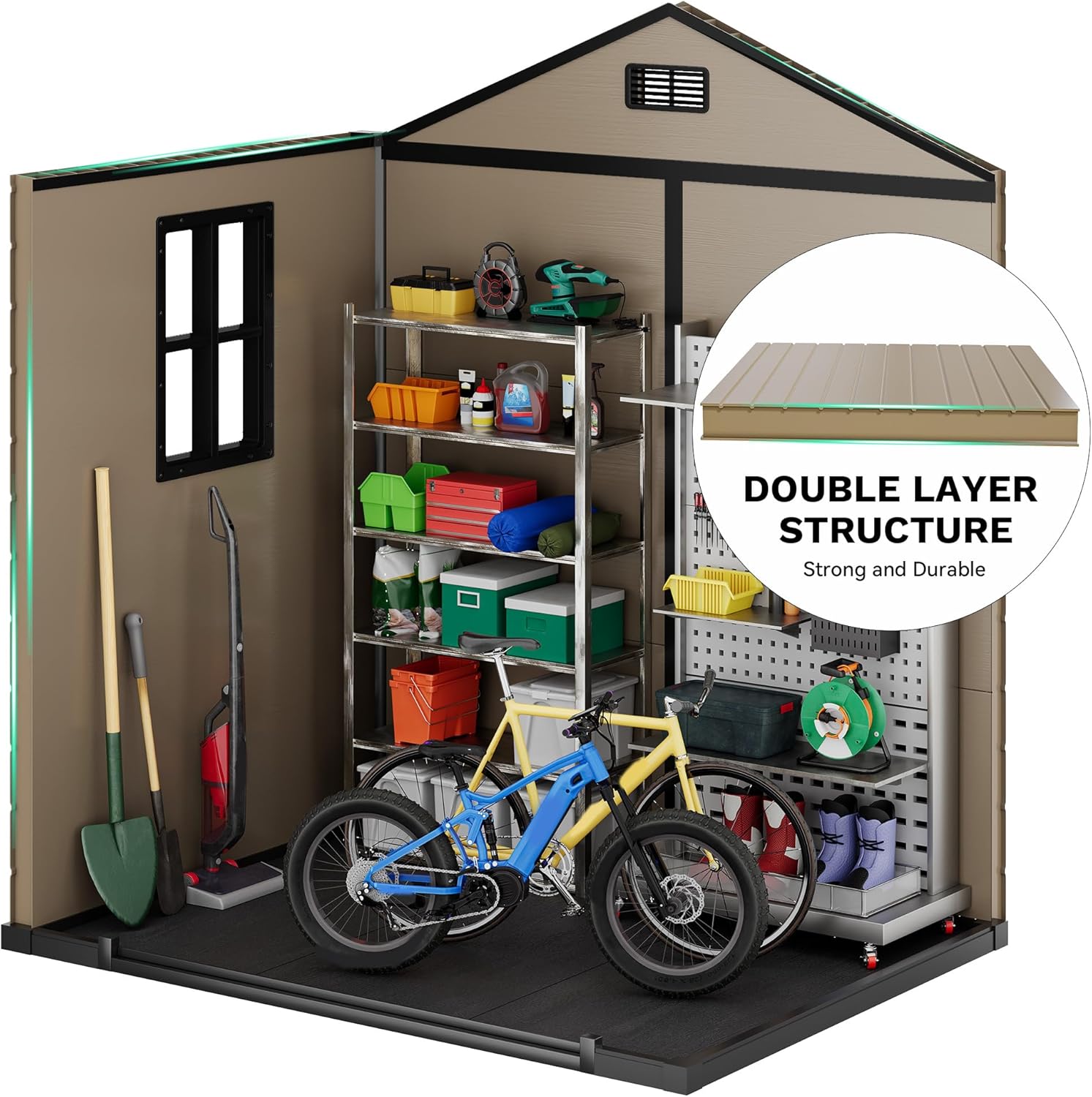 DWVO 6x4.4 FT Resin Storage Shed with Fence-Style and Side Windows, Lockable Door, and Vents for Garden, Backyard, Patio, Lawn, Brown