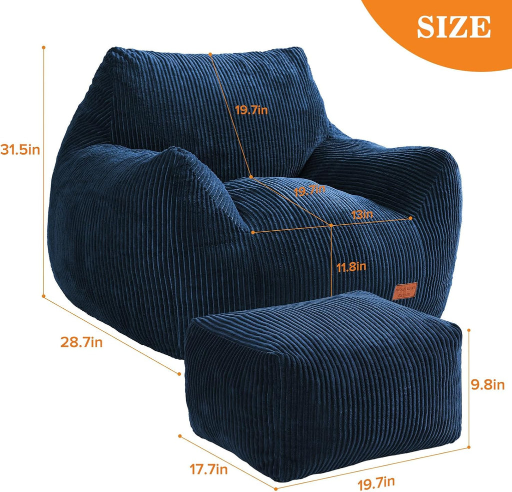 Big Bean Bag Chair for Adults, Ultra Soft Living Room Bean Bag with Armrests & Ottoman, Stuffed BeanBag Chair for Napping, Gaming, Vacuum-Compressed for Easy Gifting, 48h to Expand,Navy Blue