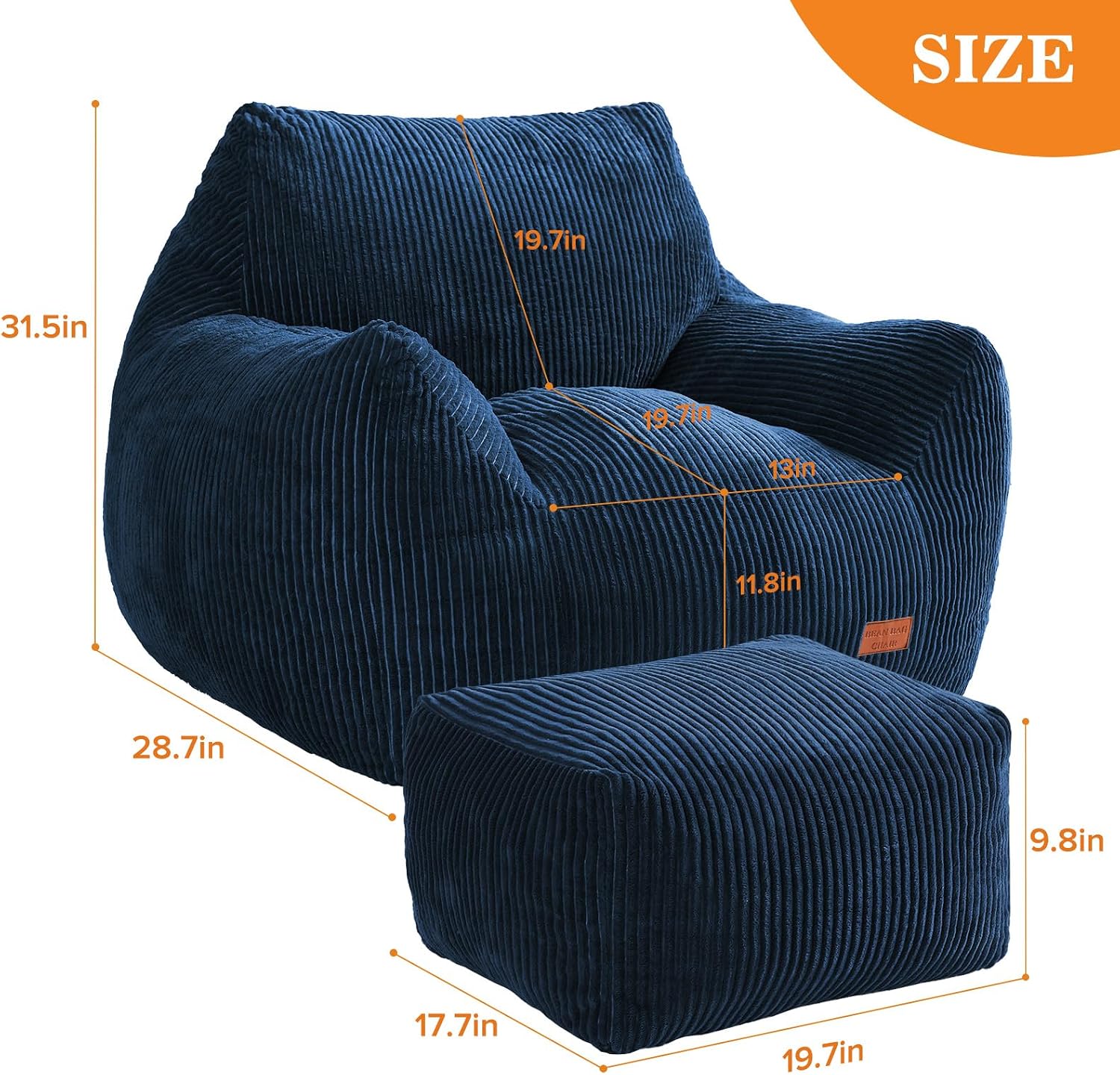 Big Bean Bag Chair for Adults, Ultra Soft Living Room Bean Bag with Armrests & Ottoman, Stuffed BeanBag Chair for Napping, Gaming, Vacuum-Compressed for Easy Gifting, 48h to Expand,Navy Blue