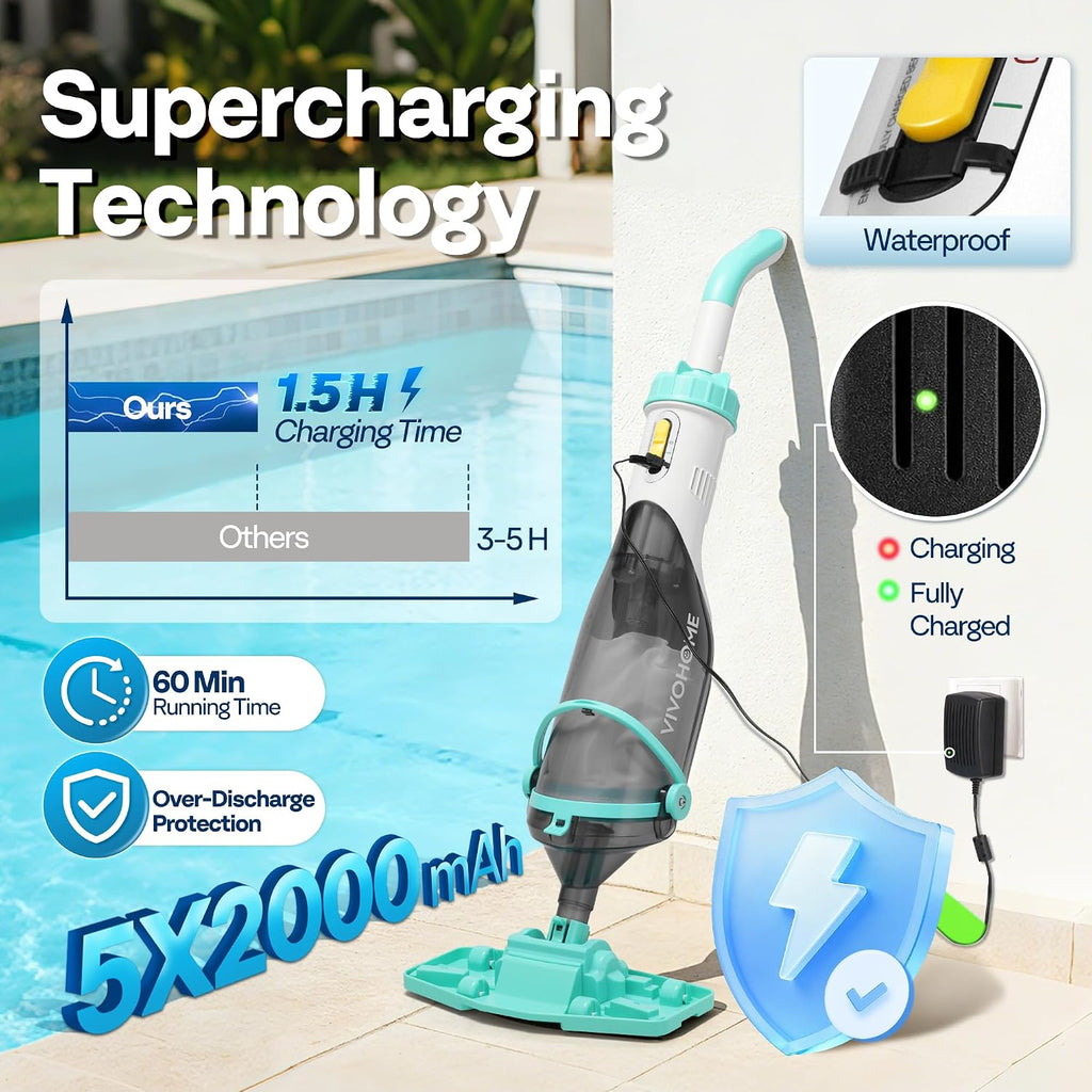 VIVOHOME Handheld Pool Vacuum 1110 GPH Suction Cordless Pool Cleaner 40W Powerful Motor Long-Run 60min Battery, Adjustable 9.12FT Pole for Above Ground & In-Ground Pools, Spas - Green
