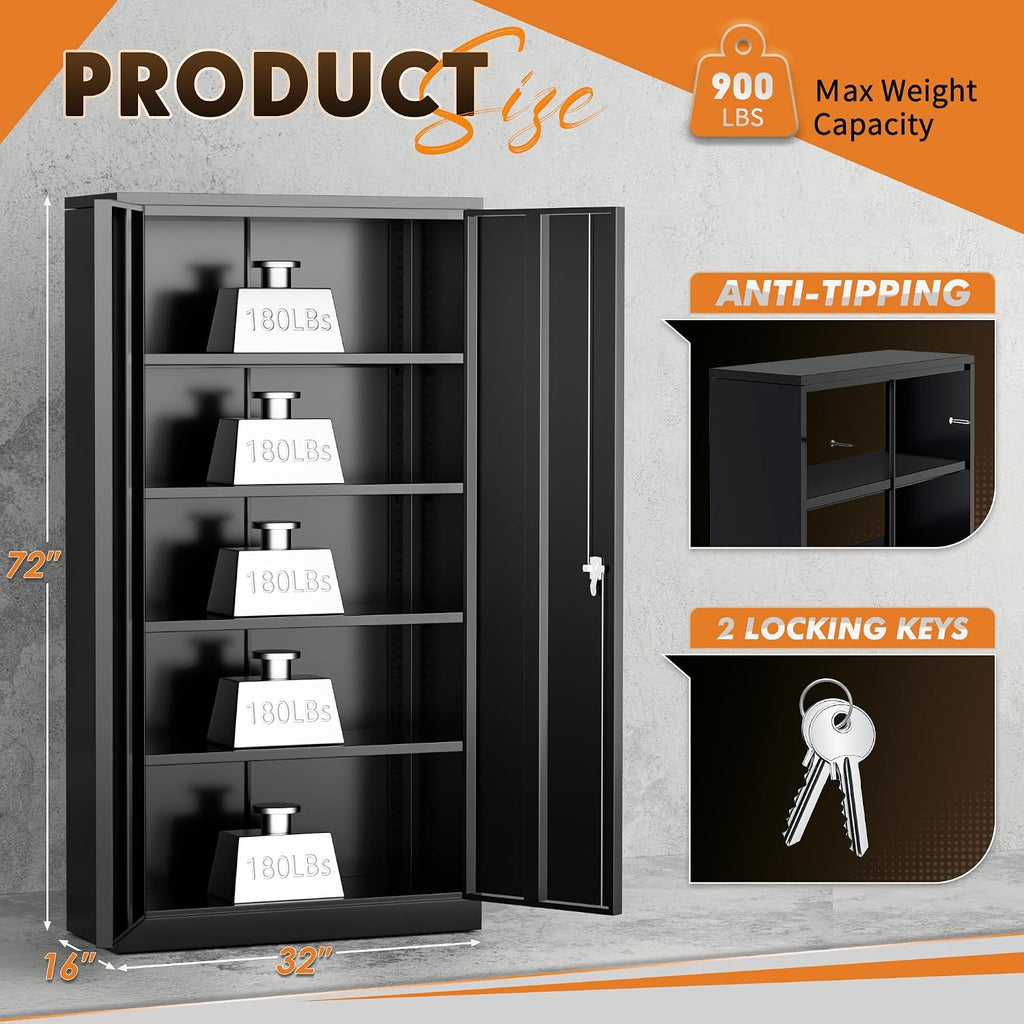 INTERGREAT Metal Storage Cabinet with Shelves, 72' Locking Steel Cabinets with 2 Door and 4 Adjustable Shelves, Tall Metal Cabinet for Home Office, Garage, Warehouse,Black