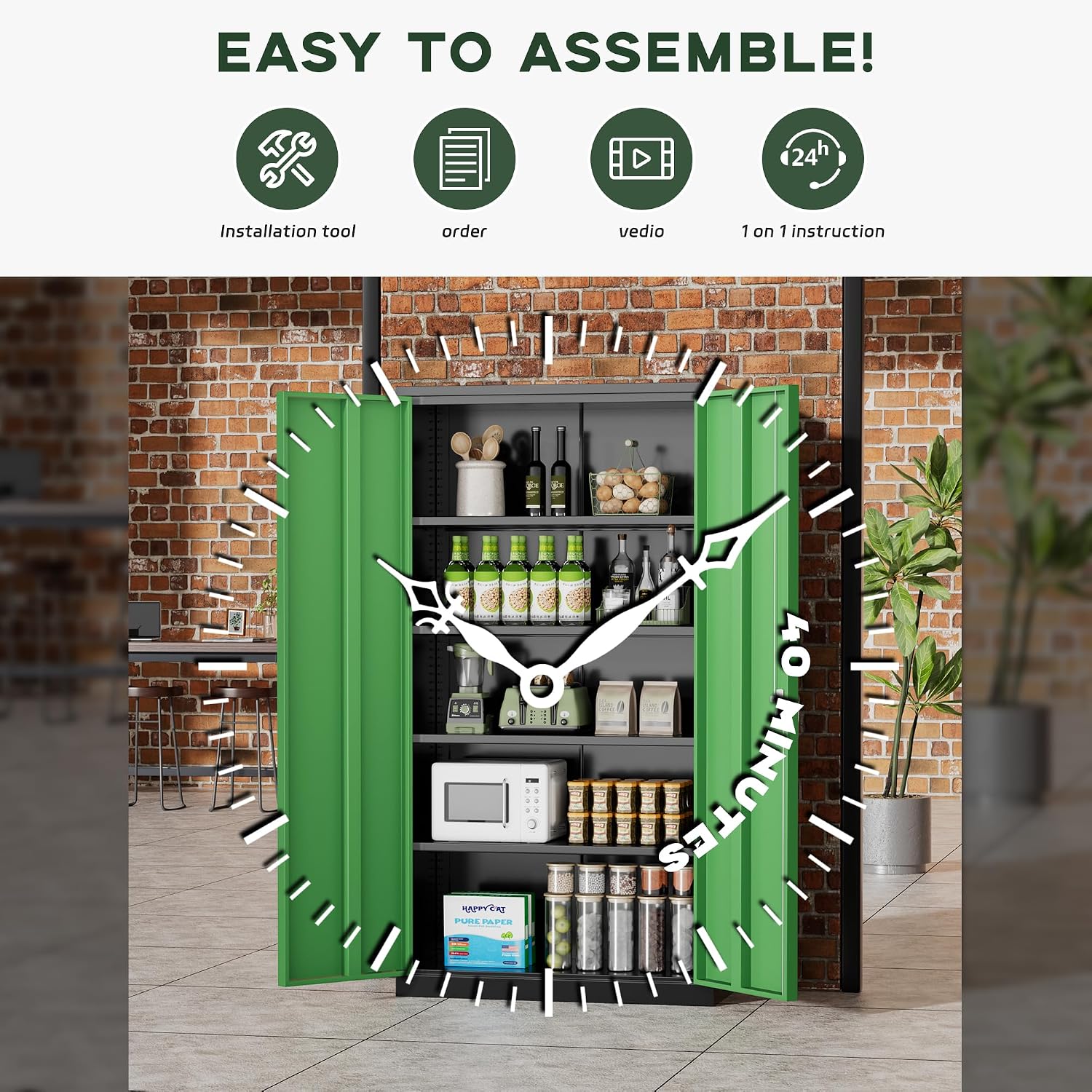 Greenvelly Metal Storage Cabinet, 72' Locking Metal Garage Storage Cabinet with Doors and 4 Adjustable Shelves, Lockable Steel Cabinet for Home Office, Garage, Shop, School (Green 36' W x 18' D)