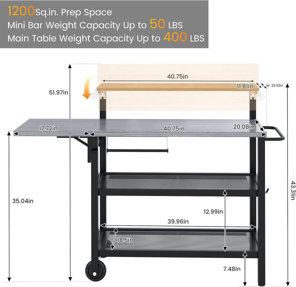 Sundale Outdoor Grill Table with 4-Tier Storage Shelves, Movable Outdoor Kitchen Island with Folding Side Shelf, 58.47' x 20.08' Stainless Steel Tabletop for Food Pre, Pizza Oven