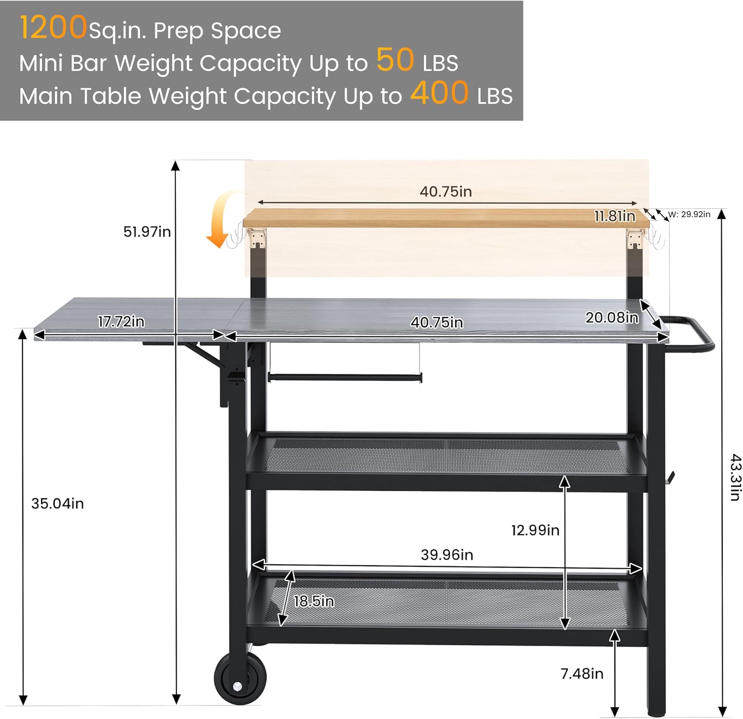 Sundale Outdoor Grill Table with 4-Tier Storage Shelves, Movable Outdoor Kitchen Island with Folding Side Shelf, 58.47' x 20.08' Stainless Steel Tabletop for Food Pre, Pizza Oven