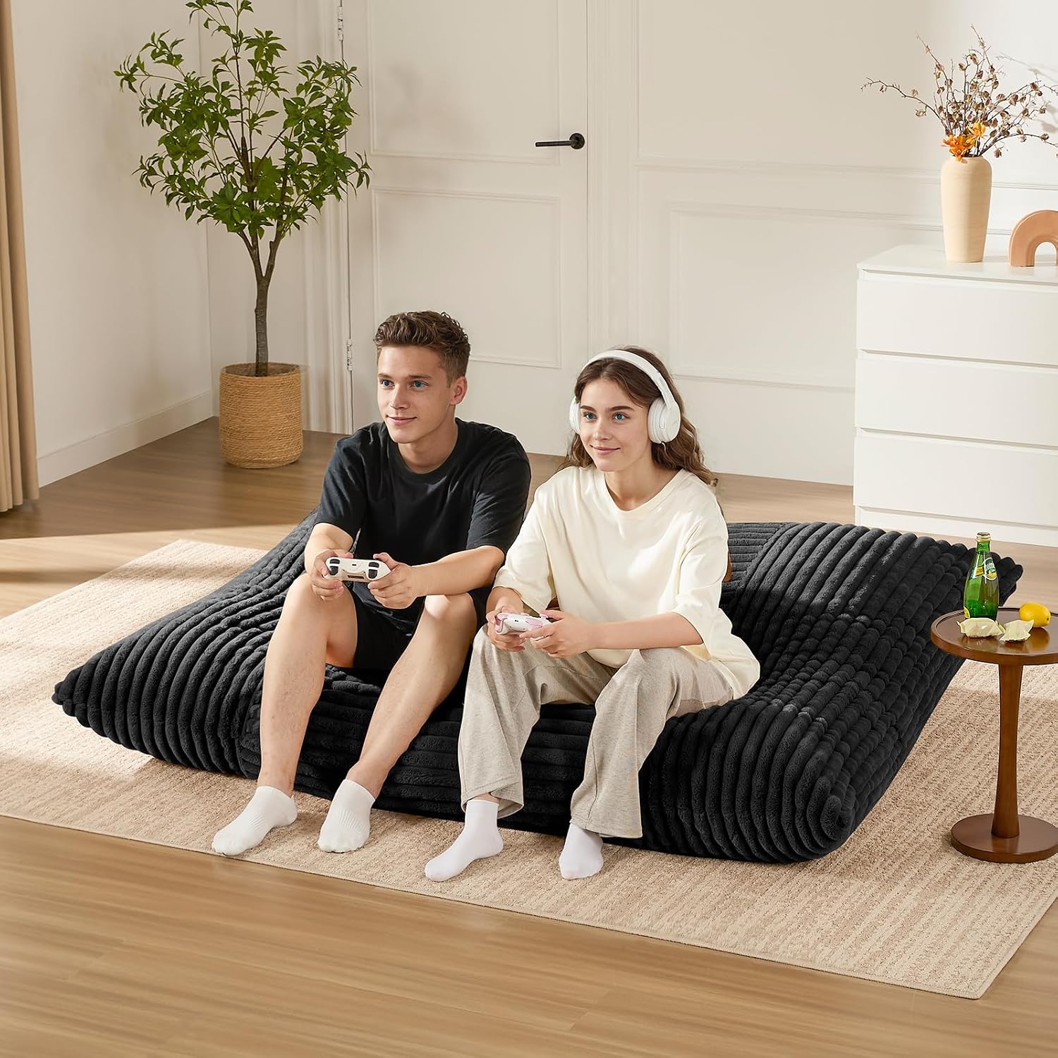 3-in-1 Giant Bean Bag Chair for Adults & Kid, Convertible Floor Sofa to Mattress, High-Density Foam Chair Bed with Washable Cover, Multi Functional Lounge Couch for Bedroom, Living Room (Black)