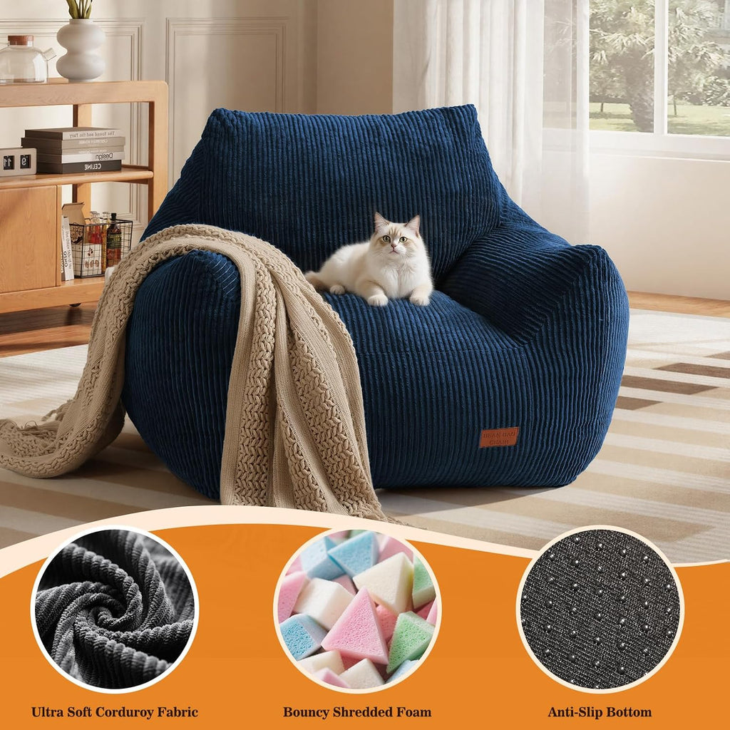 Big Bean Bag Chair for Adults, Ultra Soft Living Room Bean Bag with Armrests, Stuffed BeanBag Chair for Napping, Gaming, Vacuum-Compressed for Easy Gifting, 48 Hours to Fluffs Up, Navy Blue