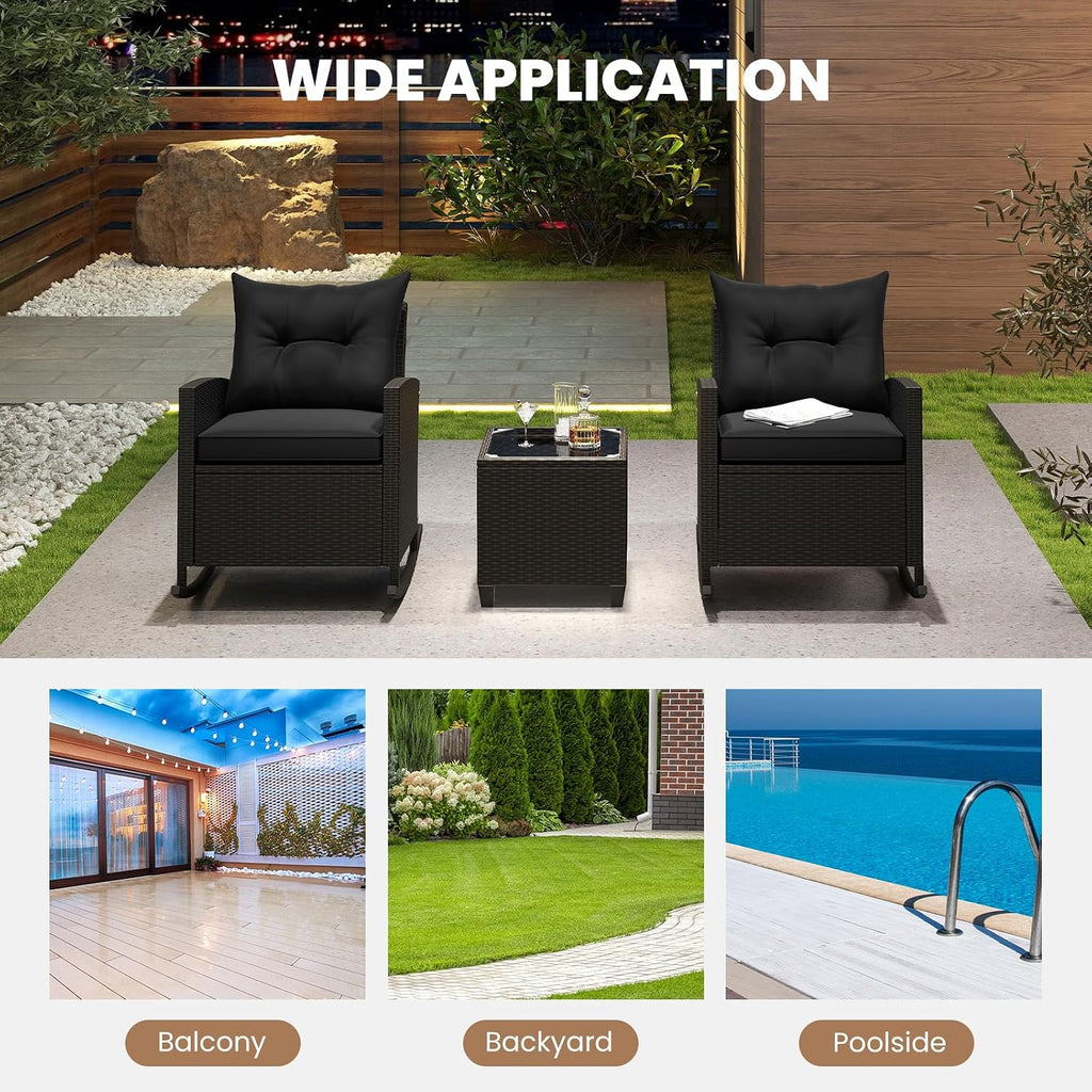 ORALNER 3 Pieces Patio Furniture Set, Outdoor Wicker Rocking Chairs with Soft Cushions, Glass Coffee Table, Rattan Conversation Bistro Set for Front Porch Balcony Garden Deck Poolside (Black)