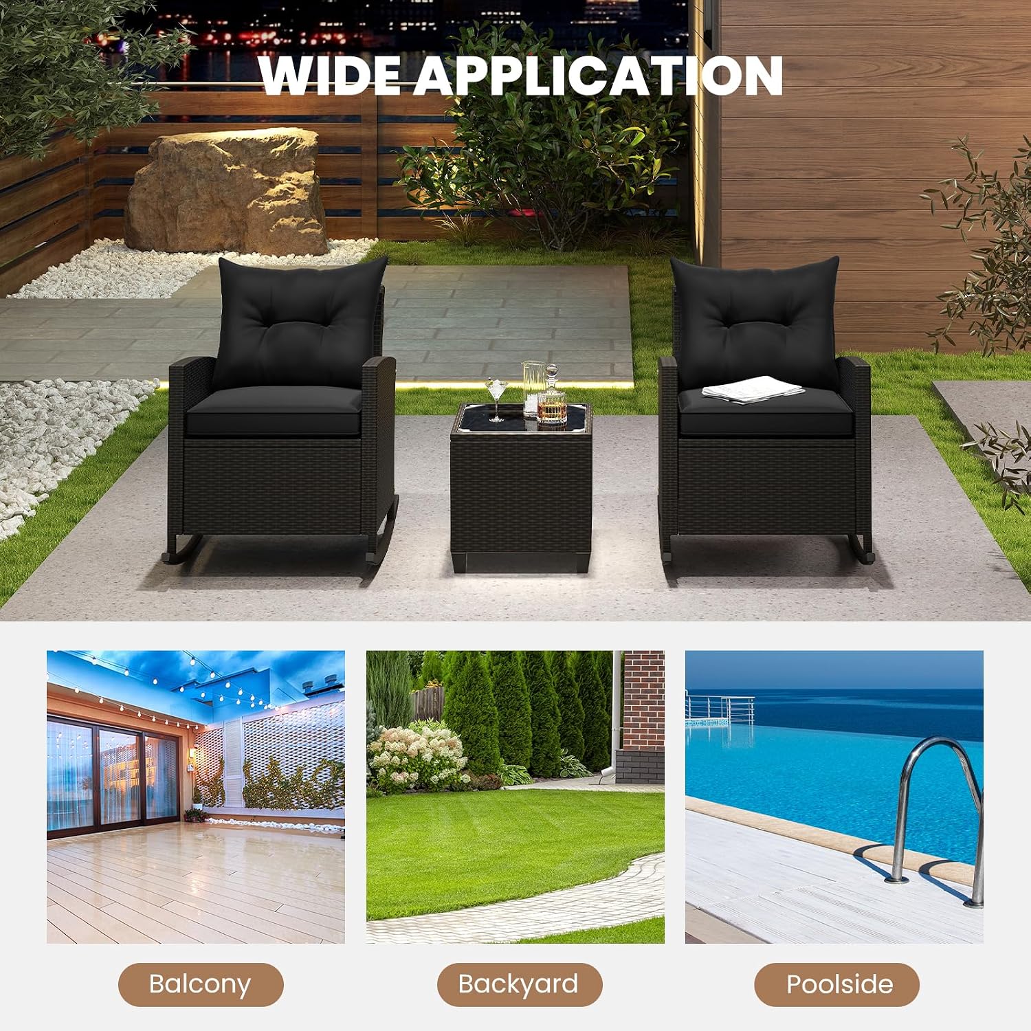 ORALNER 3 Pieces Patio Furniture Set, Outdoor Wicker Rocking Chairs with Soft Cushions, Glass Coffee Table, Rattan Conversation Bistro Set for Front Porch Balcony Garden Deck Poolside (Black)