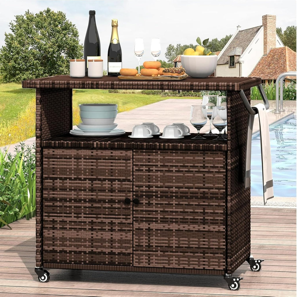 Wicker Outdoor Storage Cabinet with Wheels, Patio Grill Tables for Outside, Outdoor Storage Cabinet for Garden Buffets, Parties, Poolside Gatherings in Brown