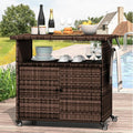 Wicker Outdoor Storage Cabinet with Wheels, Patio Grill Tables for Outside, Outdoor Storage Cabinet for Garden Buffets, Parties, Poolside Gatherings in Brown